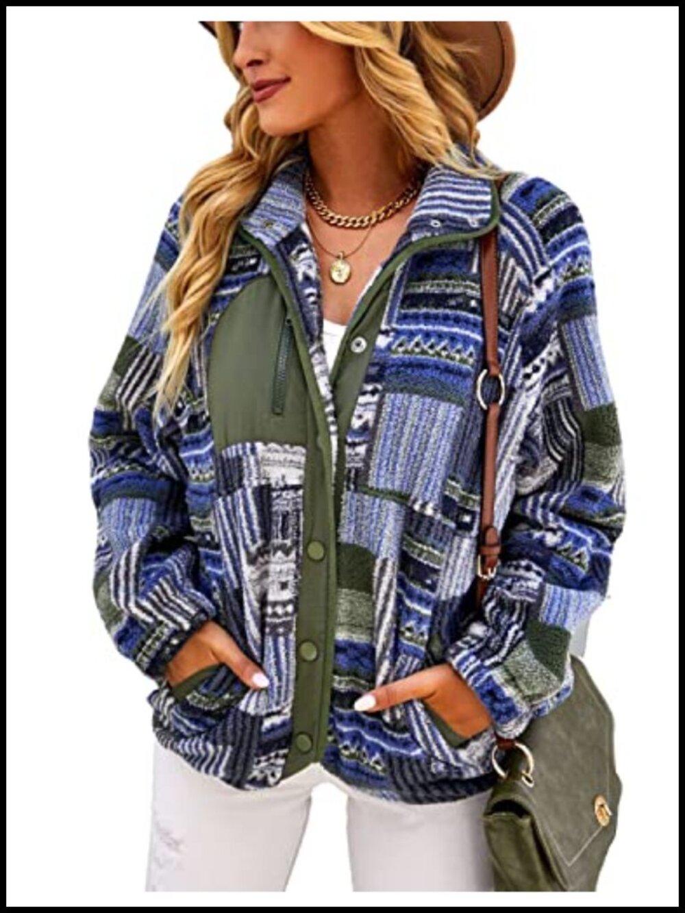 Fleece Aztec Geometric Print Button Down Shacket Coat
